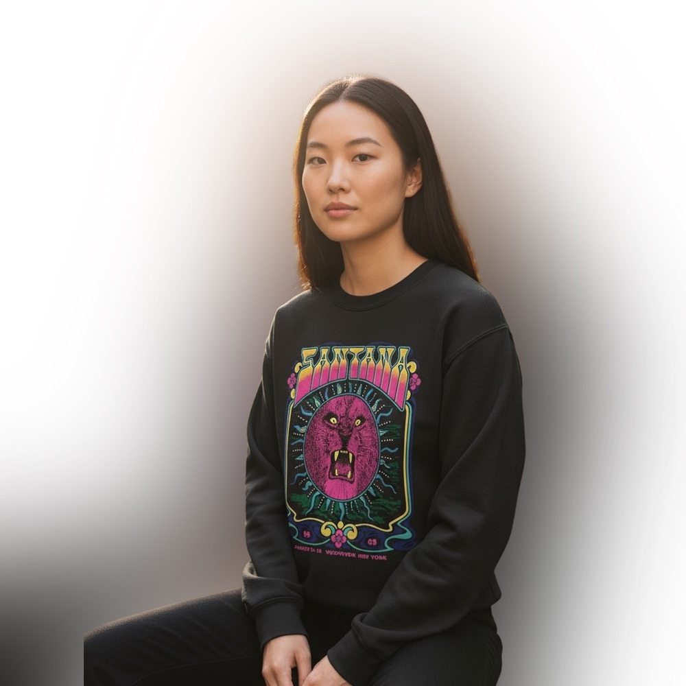 Santana Black Graphic Crewneck Sweatshirt with Pink Lion Motif Size XL